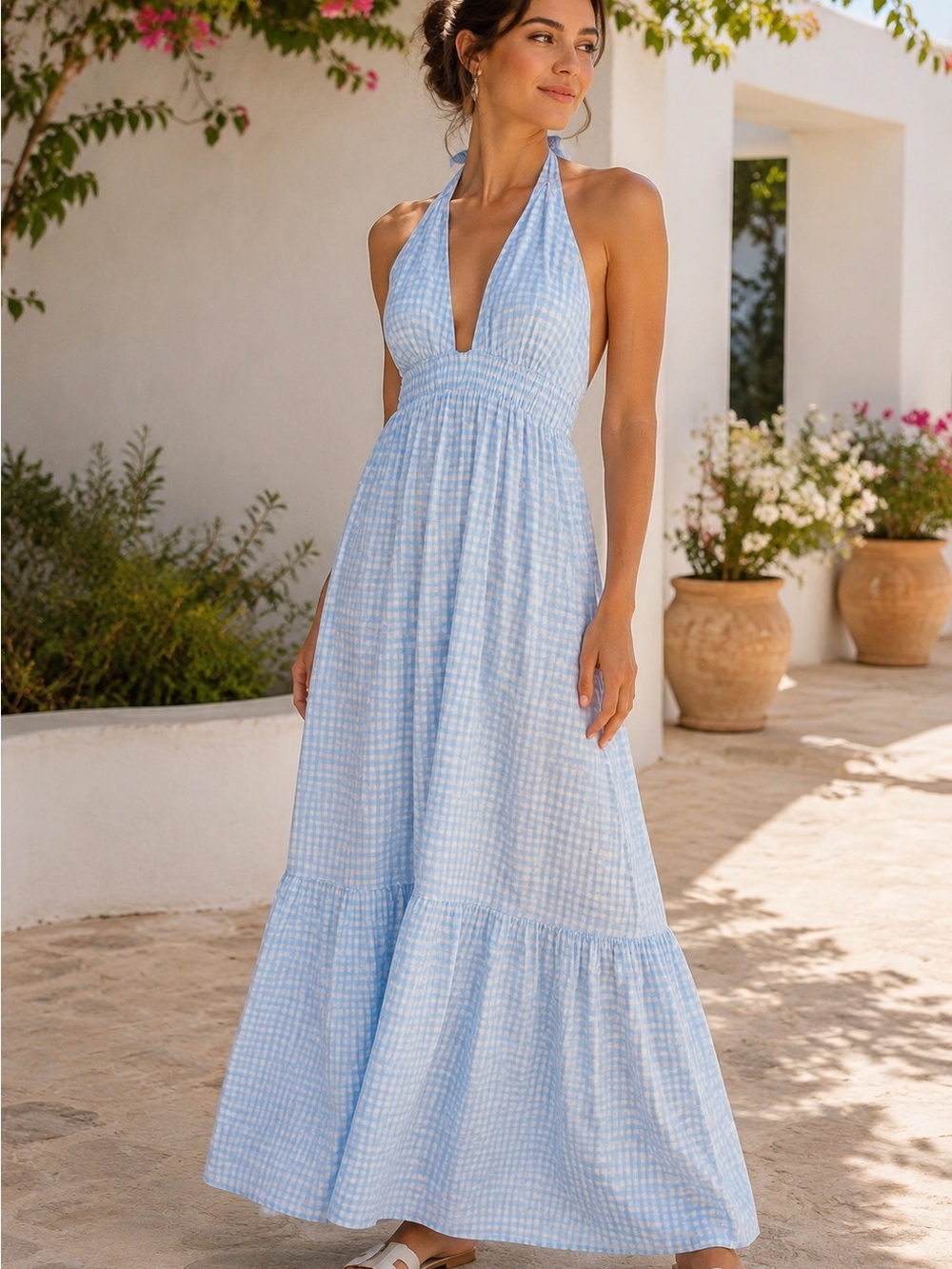 Girls' Blue Gingham Tiered Skirt